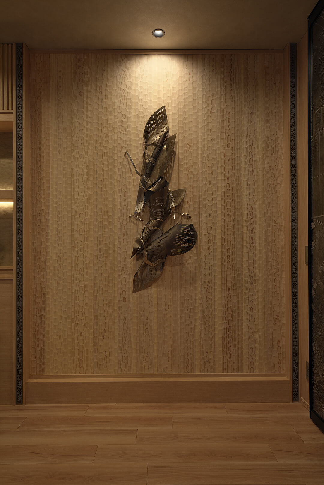 モデルルームのアクセントウォール（みやこ杣木で制作）