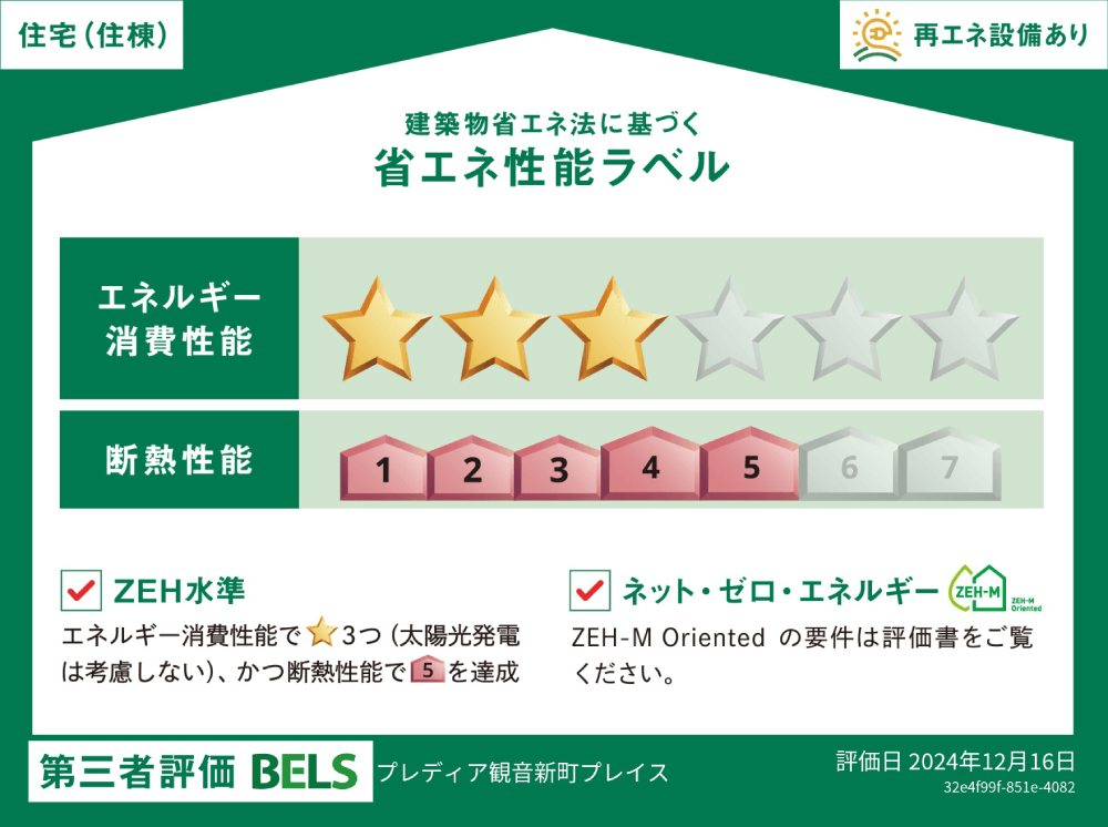 BELS 建築物省エネ法に基づく省エネ性能ラベル エネルギー消費性能：星6中3 断熱性能：7段階中5