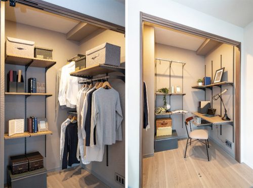 棚やハンバーガーパイプの位置を変えられるので、収納としてもワークスペースとしてもその他にも、用途に合わせて形を変えることで使い方が広がります