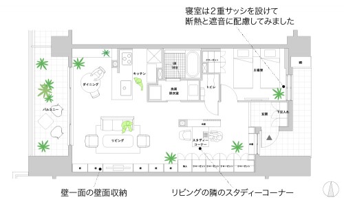 提案2「ご夫婦のベッドルーム以外は大きなオープンなワンルーム空間にしてみました!」