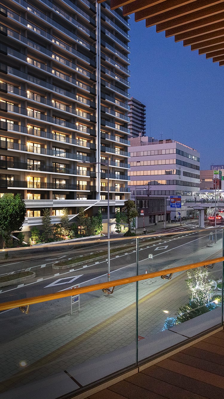 外観完成予想CG（U_PLACE 2階より駅方面を望む）