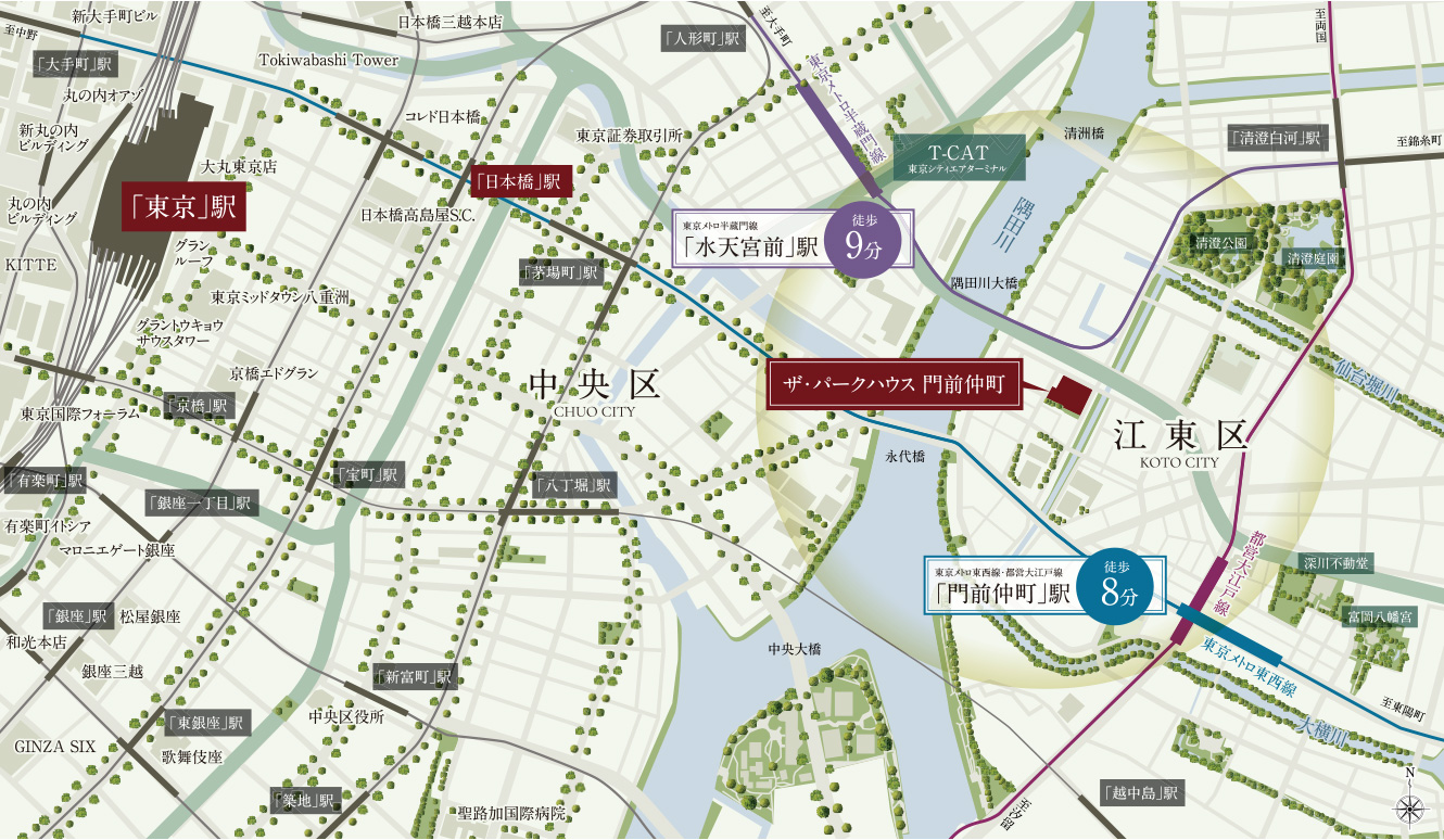 エリア概念図 ※掲載の現地から各駅までの徒歩分数は、サブエントランスからの計測となります。