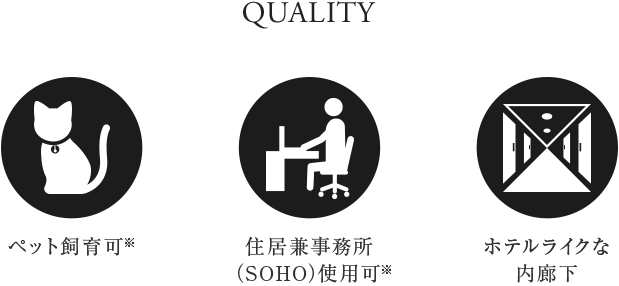 ［QUALITY：ペット飼育可(※)／住居兼事務所（SOHO）使用可(※)／ホテルライクな内廊下］